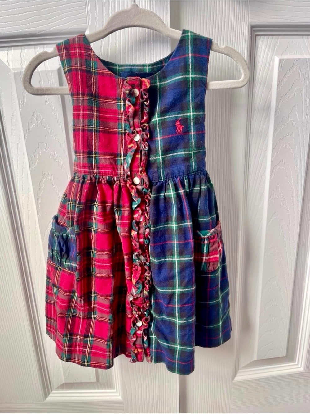 Ralph Lauren Kids Red and Navy Plaid Ruffle Front Dress